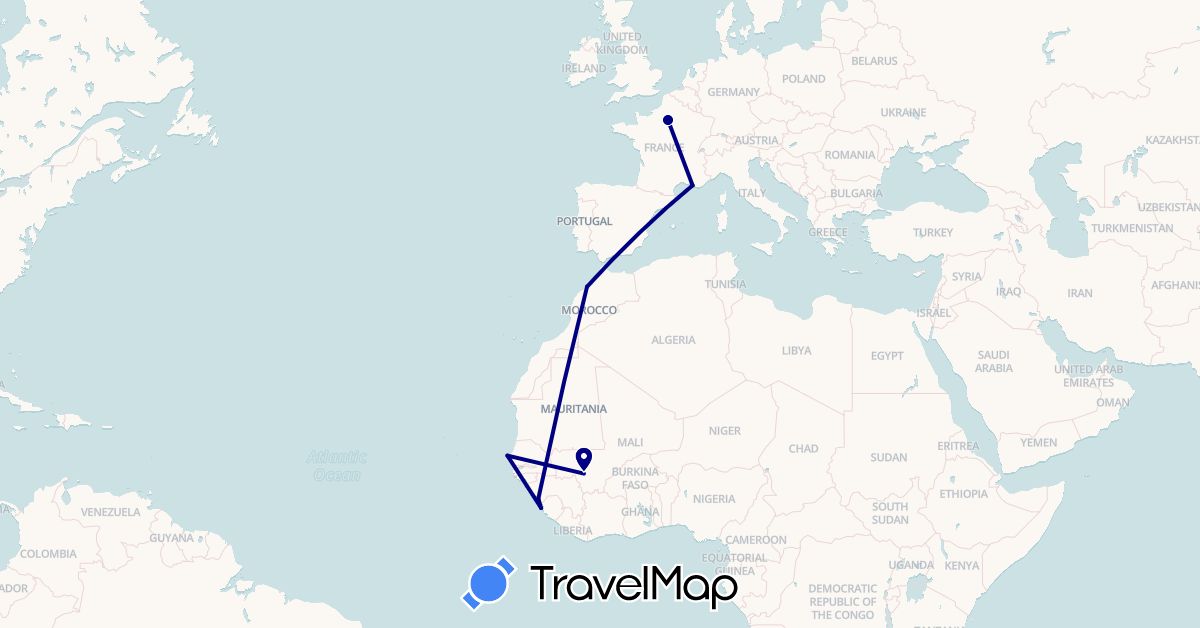 TravelMap itinerary: driving in France, Guinea, Morocco, Mali, Sierra Leone, Senegal (Africa, Europe)